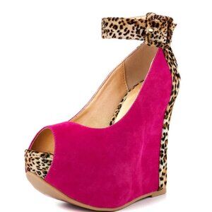 FSJ Magenta Leopard Print Vegan Suede Ankle Strap Platform Wedge Pumps